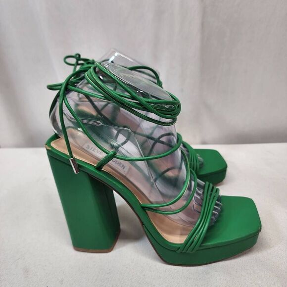 Steve Madden Manzie Green Lace Up Block Heel Squared Open Toe Heeled Sandals 9 - Picture 2 of 14
